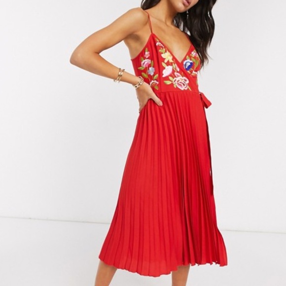 ASOS Embroidered Pleated Cami wrap Midi Dress